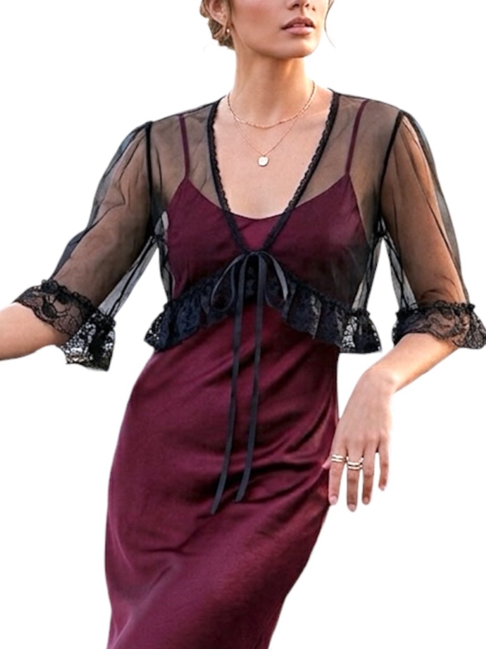 Vtg 90s Shirley of Hollywood sheer black lace tie front cropped bed jacket S